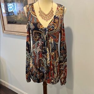 VENUS BLUE AND RUST LONG SLEEVE TIE FRONT COLD SHOULDER WOMANS TOP / SIZE S